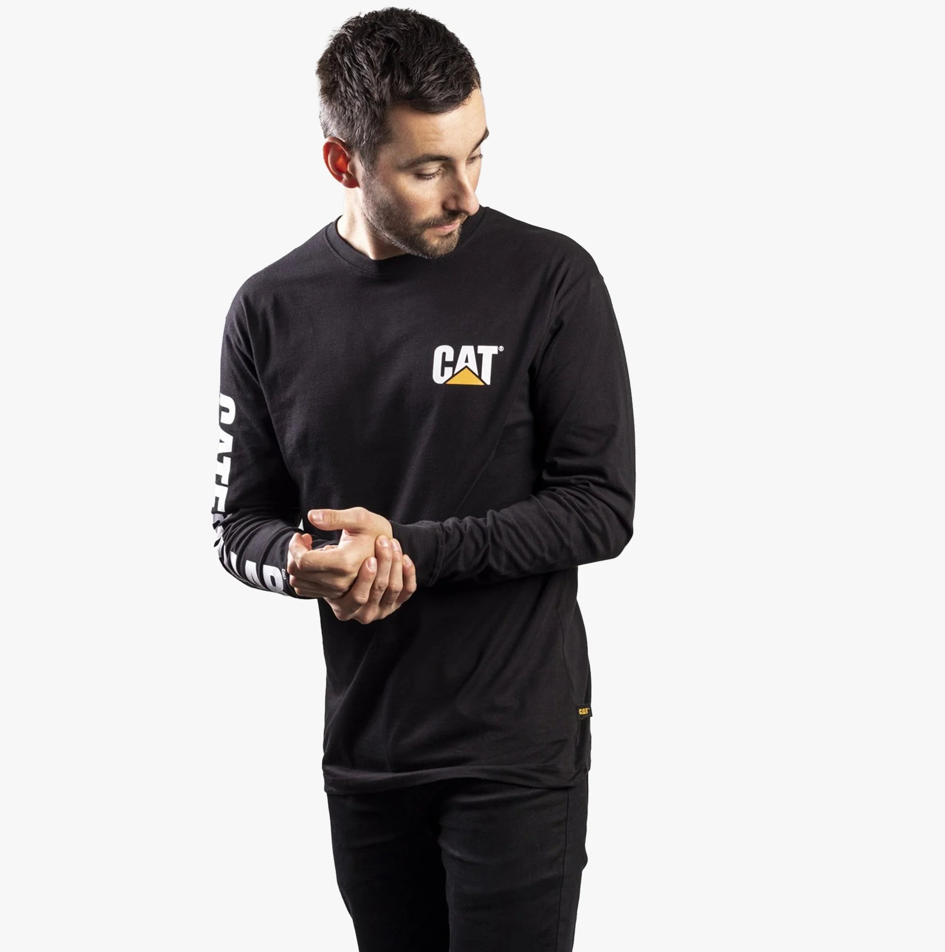 CAT TRADEMARK BANNER Mens Cotton Long Sleeve T-Shirt Black - Image 3