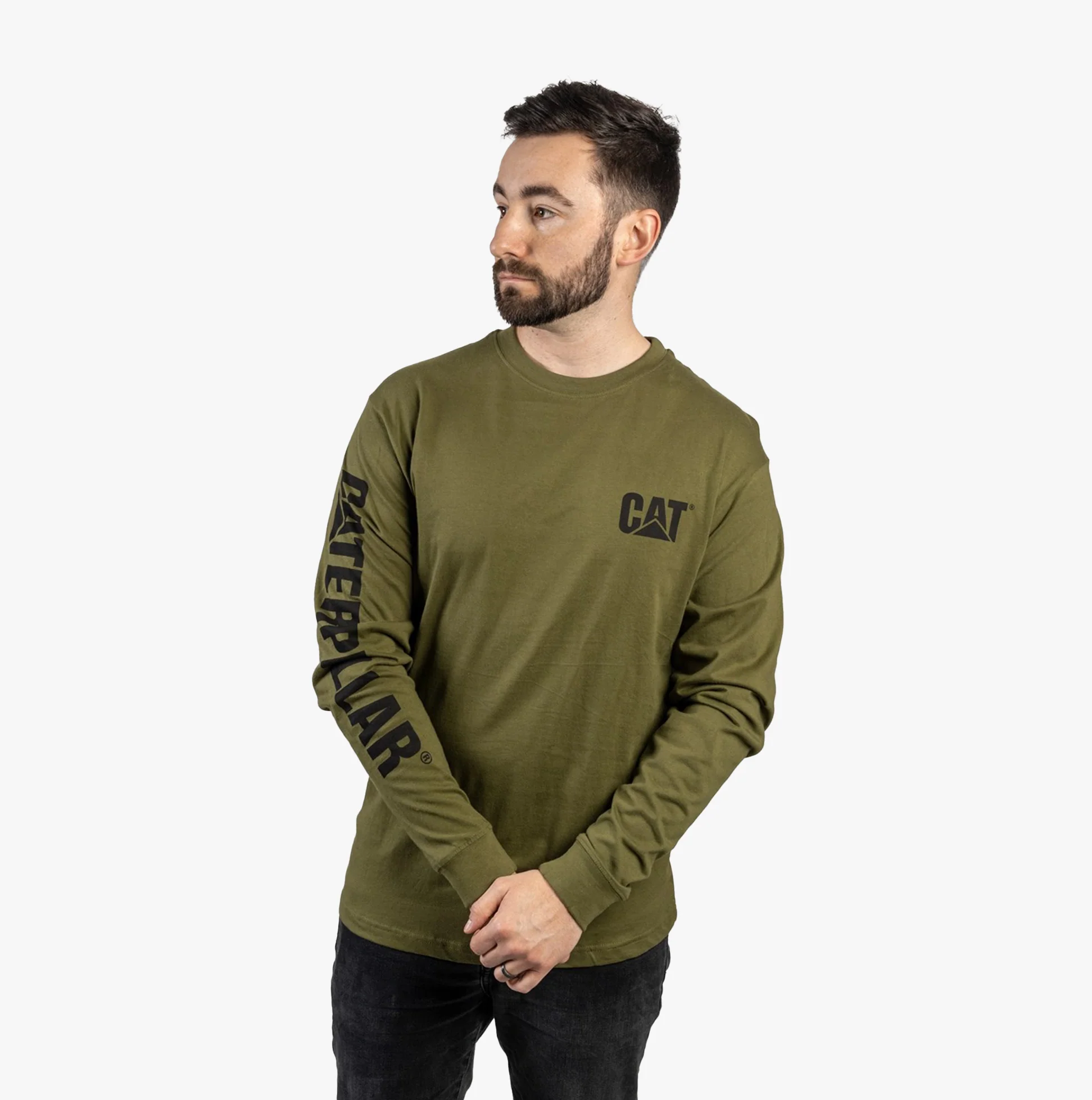 CAT TRADEMARK BANNER Mens Cotton Long Sleeve T-Shirt Green - Image 5